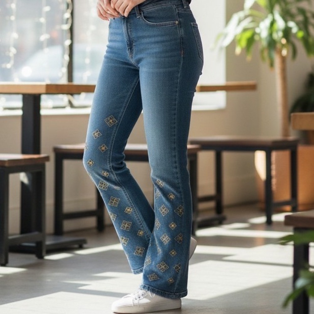 Charter Club Lexington Straight Leg Jeans Gold Embroidered Denim Size 10